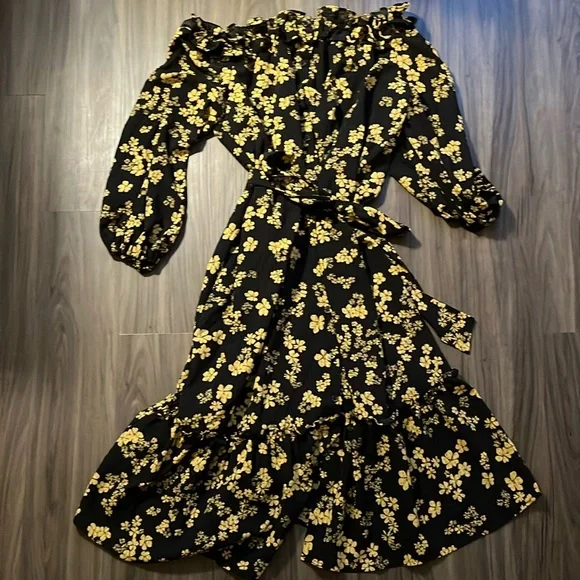 black dress with yellow roses Black And Yellow Floral Morgan Midi Dress